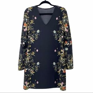 Black Multicolor Floral‎ Long Sleeve V Neck Dress